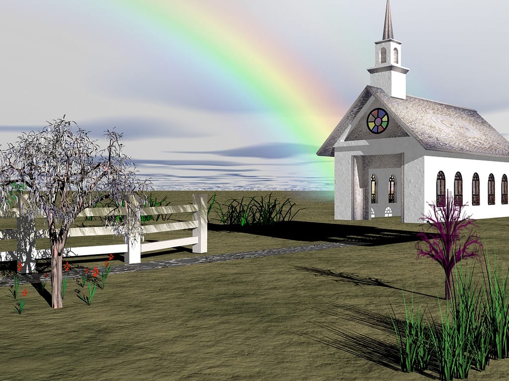 image of church at the end of the rainbow